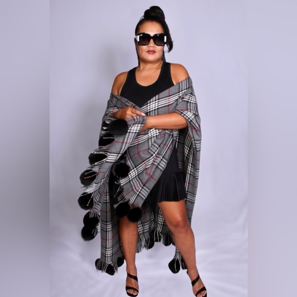 Full Time Diva Other - Chic Plaid Shawl with Pom Poms